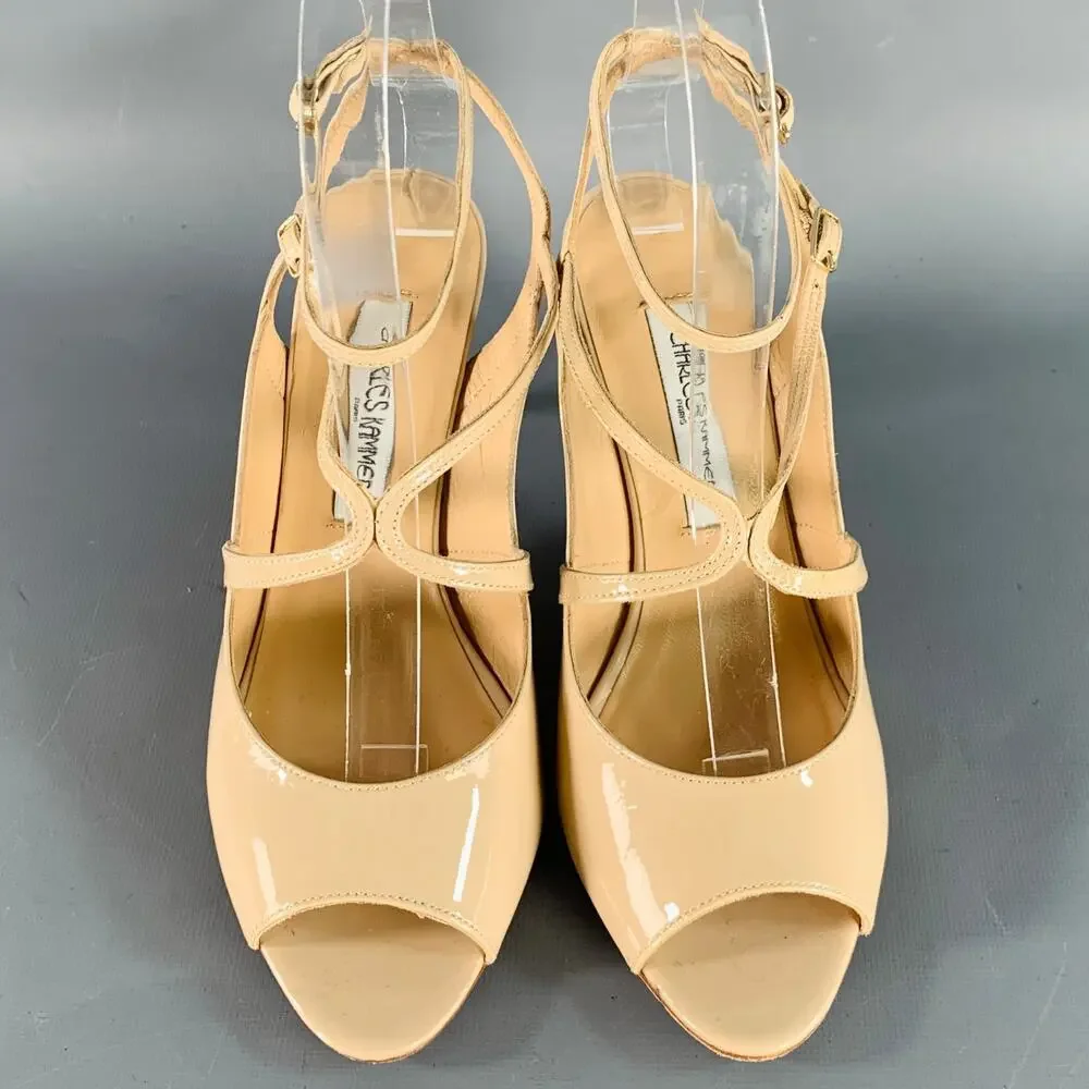 CHARLES KAMMER Size 6 Beige Nude Patent Leather Peep Toe Strappy Sandals